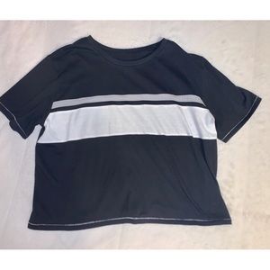 Grey, black, and white stripped top.